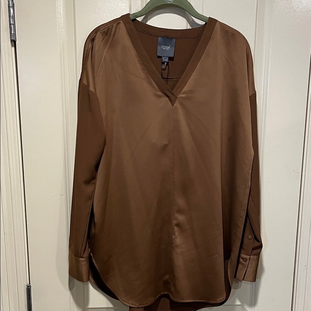 Lysse Satin V-Neck Tunic in Rich Brown